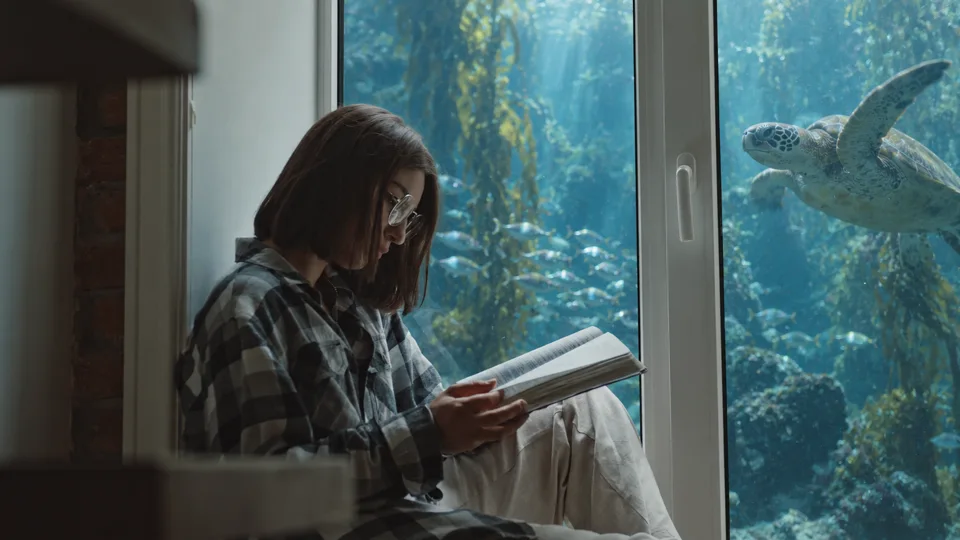 Edited first-frame input: an ocean beyond the glass, with the reader kept in the source composition.