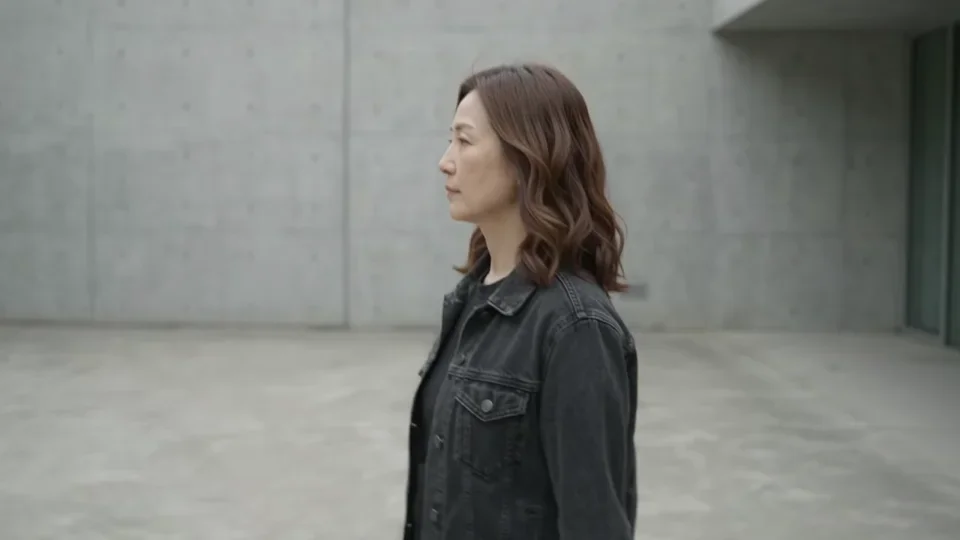 A woman in a black jacket in a concrete courtyard, with soft neutral lighting.