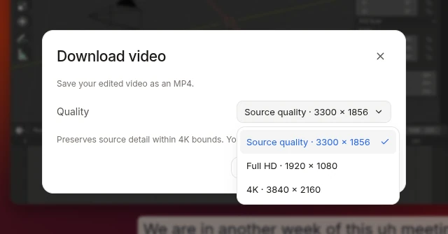 The real download menu showing Source quality, Full HD and 4K MP4 export options