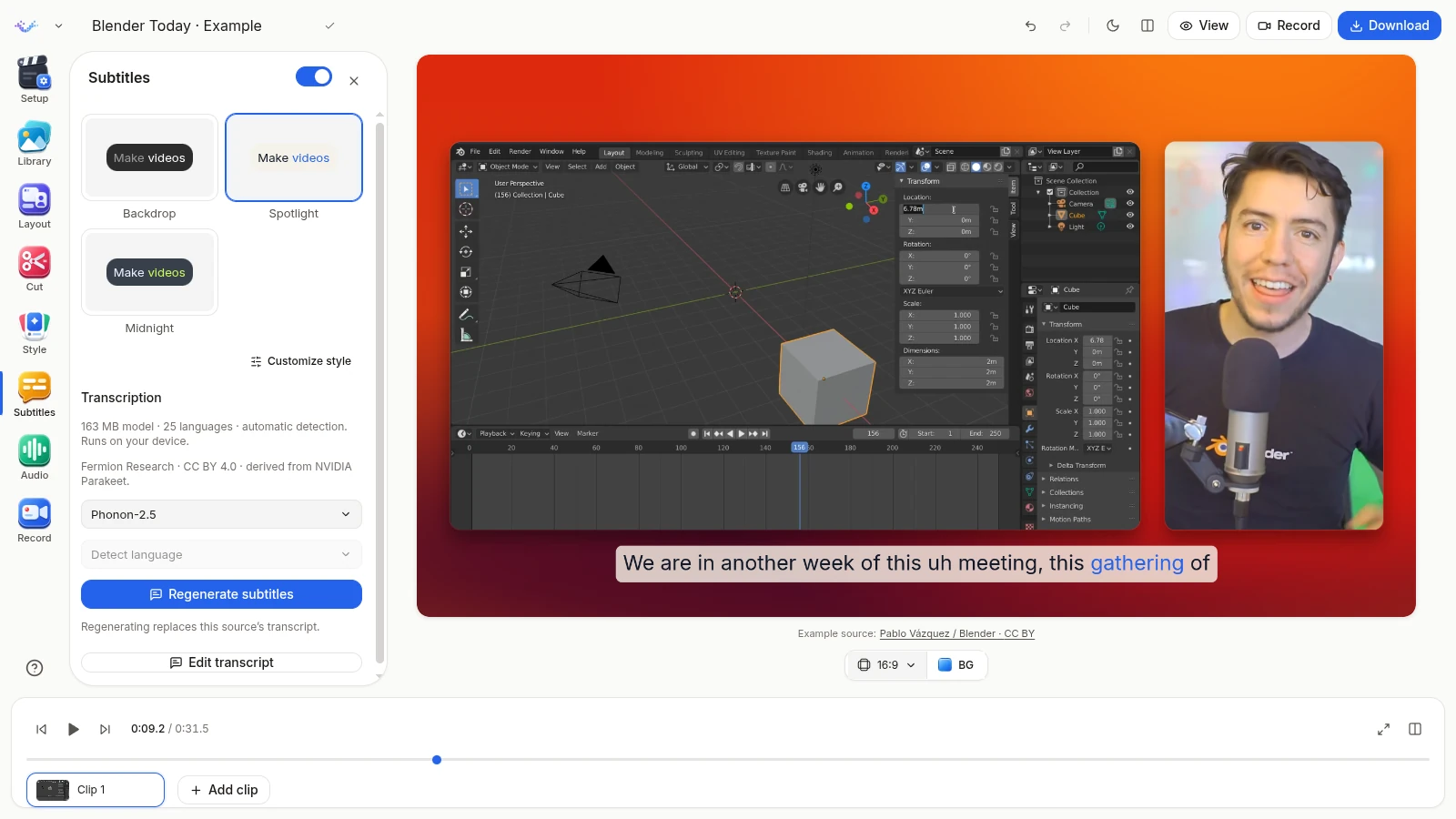 Spotlight captions with the active word highlighted, plus local speech model choices in the Subtitles panel
