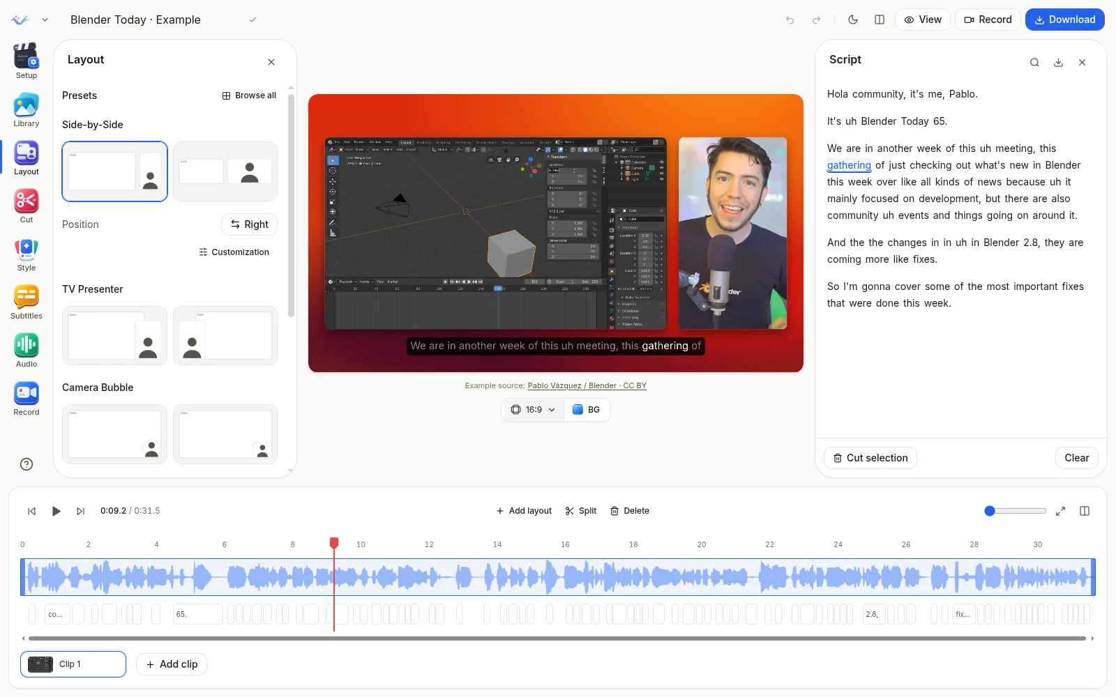 Creativly's transcript panel beside the video, with a selected word and the waveform timeline below