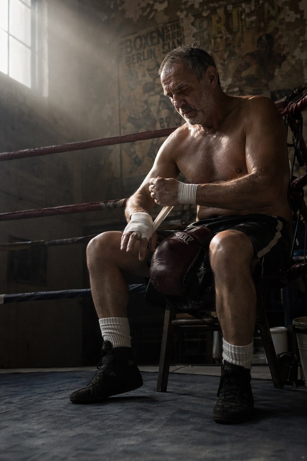 Retired boxer, empty gym at dawn — GPT Image 2