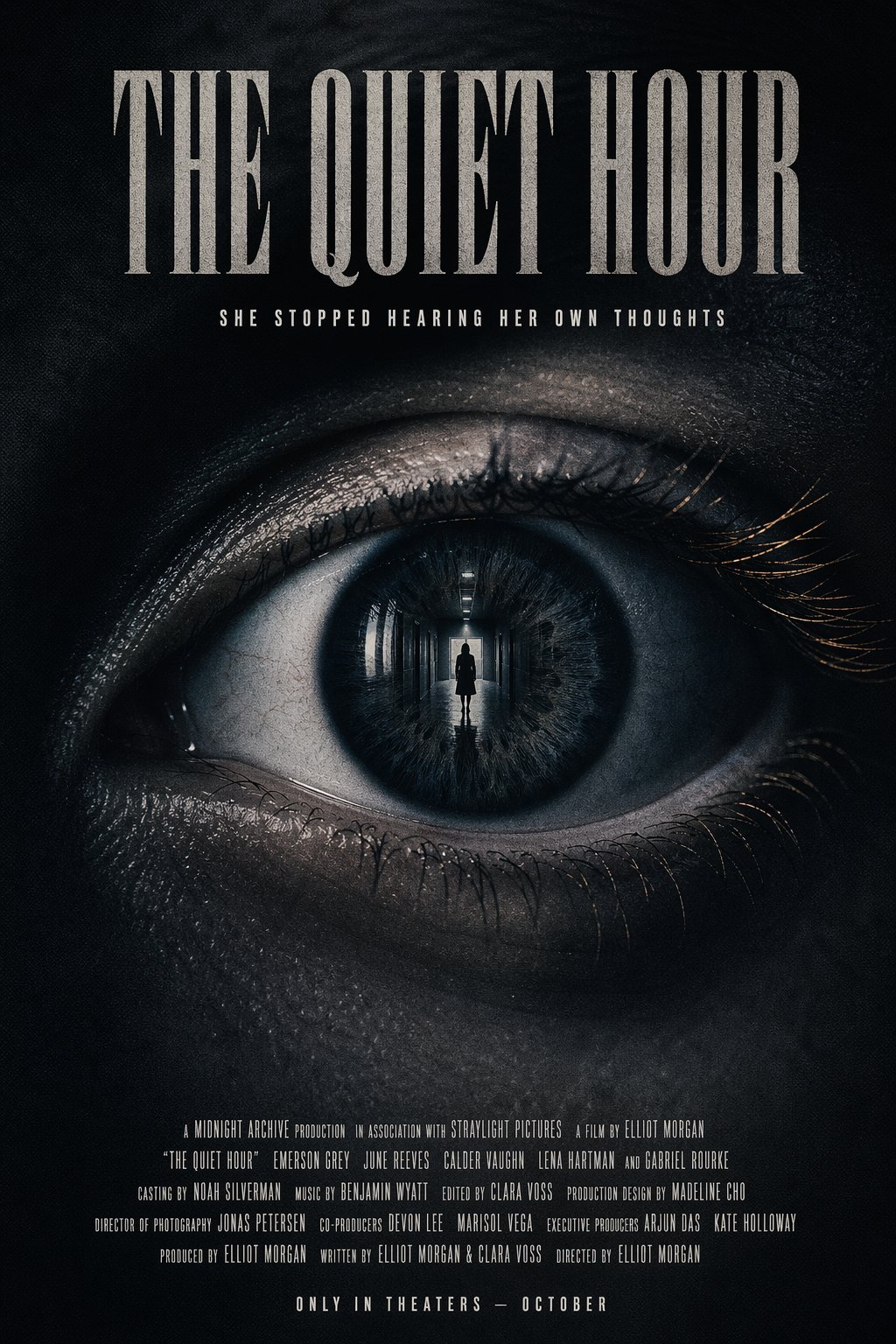 A24-style psychological thriller movie poster “The Quiet Hour” — GPT Image 2