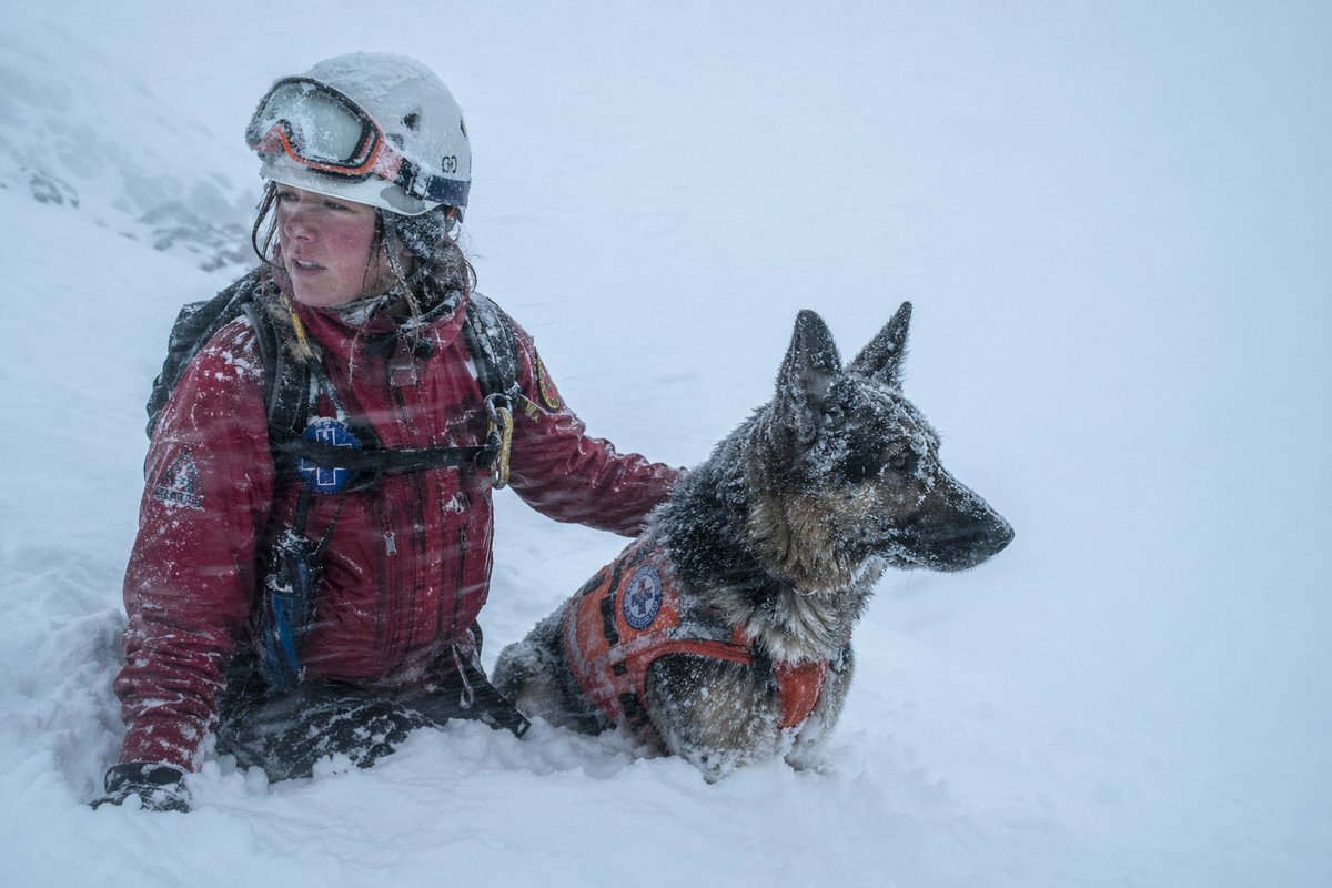 Mountain rescue worker and search dog in a blizzard — GPT Image 2